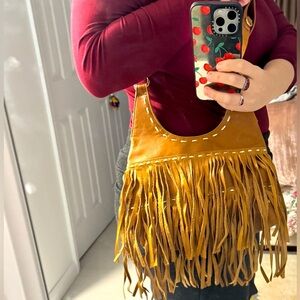 Tan Leather Shoulder Bag with Unique Spotted Design
